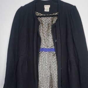 Anthropologie Elevenses Black 100% Wool Heart Lined Pleated Tie Pea Coat Size 8